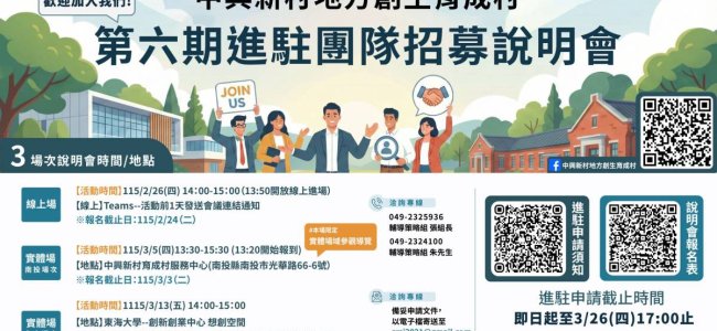 【中興新村第六期進駐團隊招募說明會】3場次開放報名